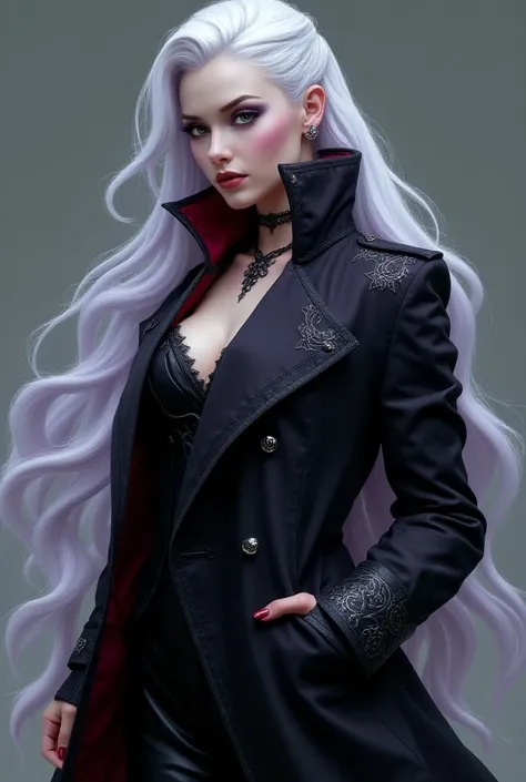 White Hair: In line with the Sparda family trait, she would have striking white hair. To give her a unique edge, her hairstyle could be a long, sleek look, possibly reaching down to her lower back. Her hair might have a subtle gradient toward the ends, per...