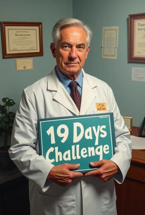  Create a doctor specializing in weight loss in an office, A painting ago that talks about a  "Challenge 19 days " very realistic photo, profissional destacando o quadro de Challenge 19 days 