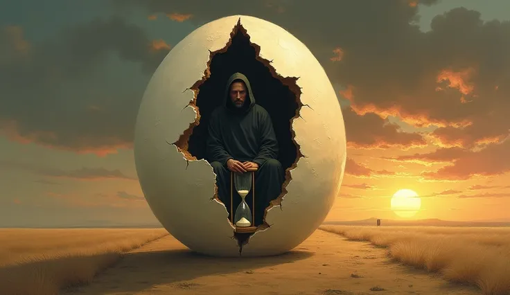  surrealist painting style, an egg broken into two separate parts with the outer texture of a moon,  in the center a plain and the sunset almost at the end with heavy, horizontal clouds,  and inside the two parts of the egg an hourglass and a monk in a hoo...