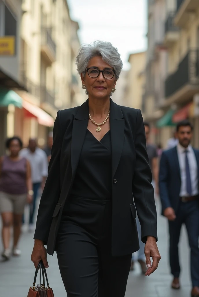  older successful black Brazilian woman, In politics walking in Campinas , She wears glasses is older 
