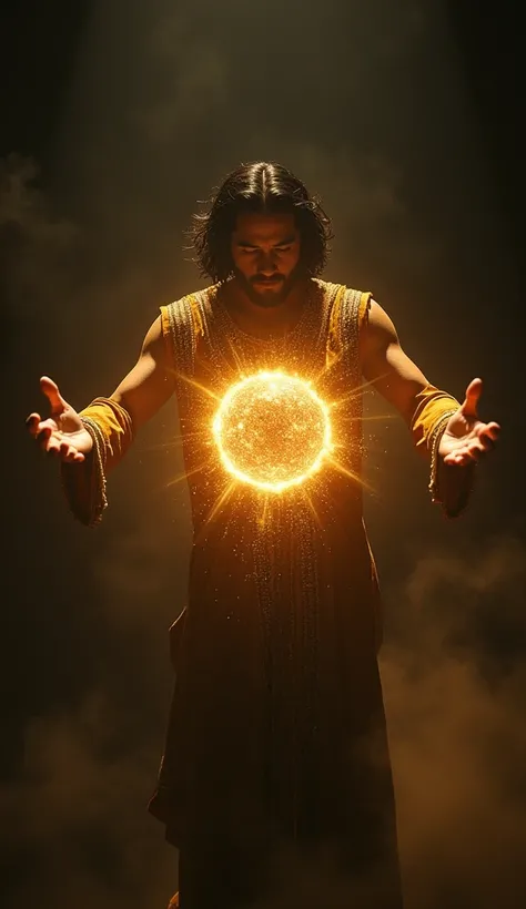 Scene of Atum in the act of creating the universe, with a dark, immersive background that highlights his illuminated figure. He stretches his hands as if shaping the cosmos, and between his hands, a sphere of golden light and shimmering particles begins to...