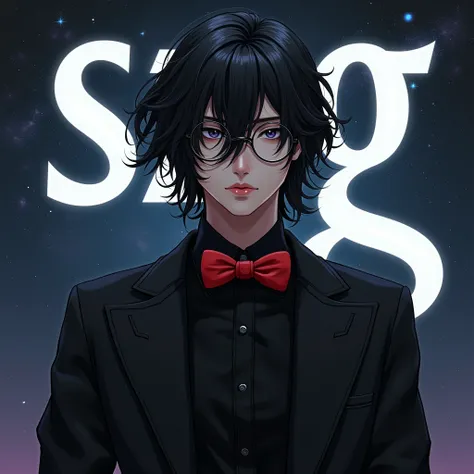 Draw a young man with long hair, a messy hairstyle, black hair dyed a little white hair in front, wearing round glasses, wearing a black suit, tied with a red bow, the background is cosmic, with the letters SzG