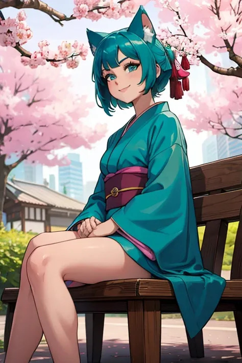 
Perfect face. Perfect hands. A teal haired woman with teal eyes and teal cat ears and a teal cat tail in a pretty kimono is smiling while sitting on a bench in a flurry of cherry blossoms

