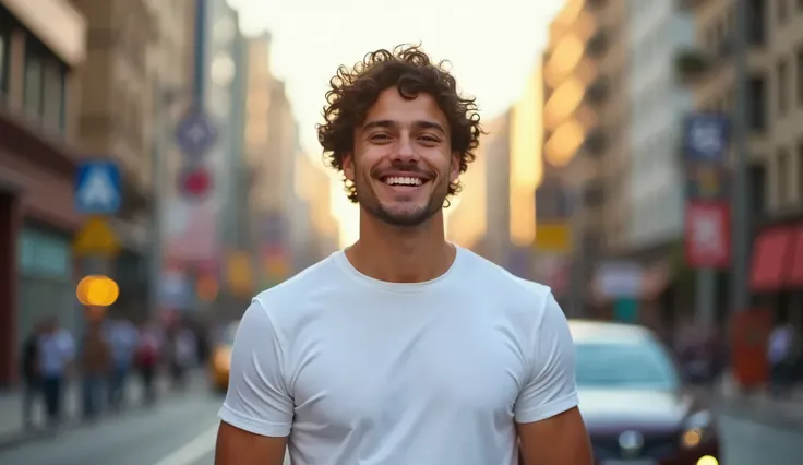 Young gay man in a white t-shirt in a city looking at the camera smiling. photo by full body 