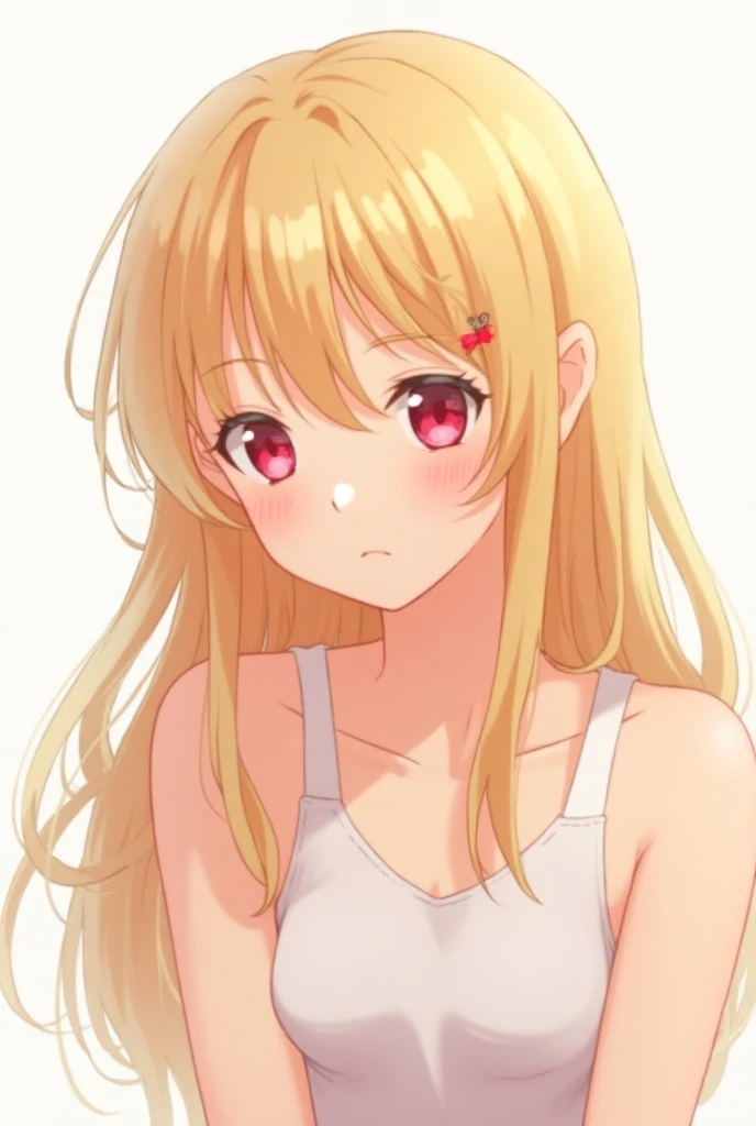 Woman, long hair, blonde hair, pink eyes,shy,anime,2d