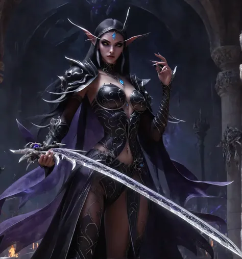a close up of a woman in a black outfit holding a sword, Voidelf princess, voidelf, voidelf maiden, dark sorceress full view, beautiful dark elf countess, dark sorceress, abaddon and magali villeneuve, dark fantasy style art, death knight, epic exquisite c...