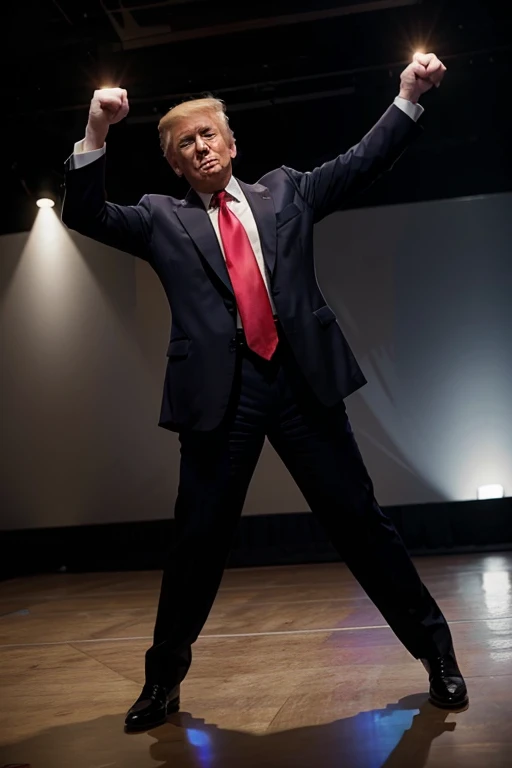 Donald Trump dances only with his fists up in a suit and without a background with a full body view
