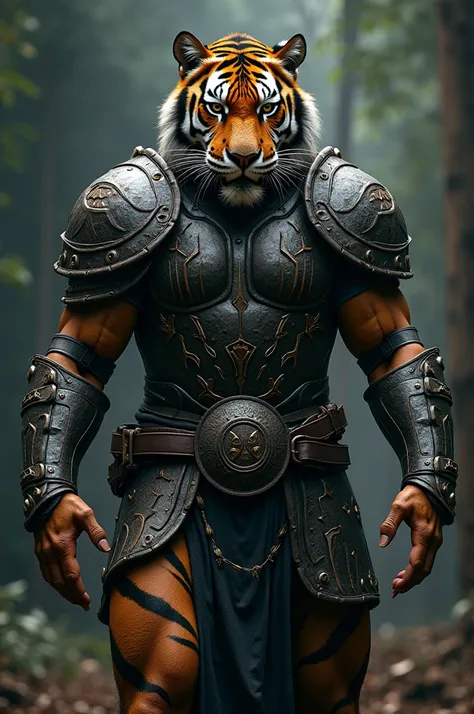  Create an ultra-realistic image of a tiger with the body of a man ,  and fully covered by detailed armor .  The armor is a mixture of dark and dark metal reinforced plates ,  aesthetic with claw designs and tribal symbols that evoke the spirit of the tige...