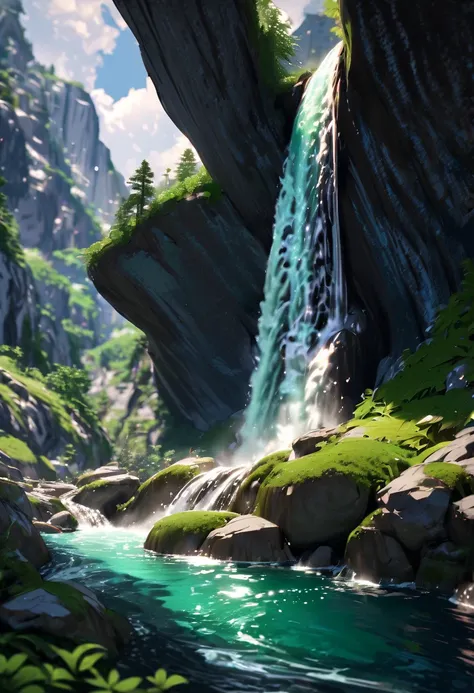 a breathtaking waterfall cascading down a rugged mountainous landscape, crystal clear water flowing over mossy rocks, lush green foliage surrounding the waterfall, dramatic cloudy sky above, moody and atmospheric lighting, highly detailed, photorealistic, ...