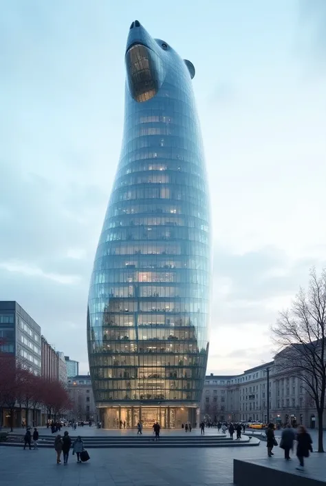 A new tower in Berlin . The tower is said to have the shape of the famous Berlin bear. The tower should be made entirely of glass .It is important,  that there is a visible huge , There is a modern subway station .