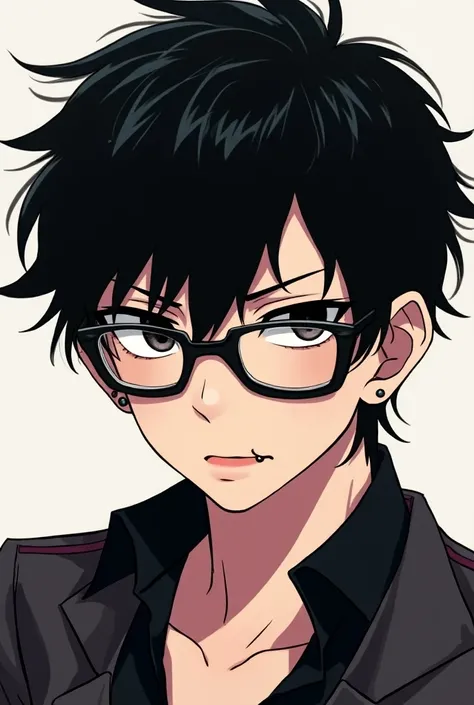 Anime style boy with black hair piercings and glasses
