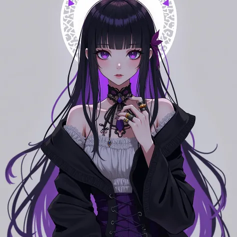 Androgyne goth clothes black white and purple, long air black purple, white skin ,tall , stylish rings on hand anime girl guilt