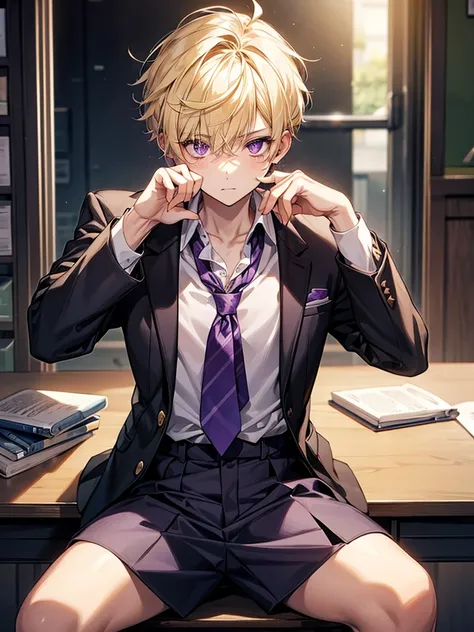 Light yellow hair, purple eyes, mysterious, cool, male, short hair, teenager, school uniform, sitting