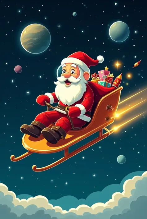 A stylized Santa Claus sitting on a futuristic sleigh, zooming through a starry night sky filled with planets, nebulae, and comets. Santa has a cool, retro-futuristic helmet (like a space explorer) but still wears his iconic red suit with a modern twist. H...