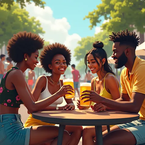 des jeunes afro boivent de la bierre avec des filles assis dans un espace plein air