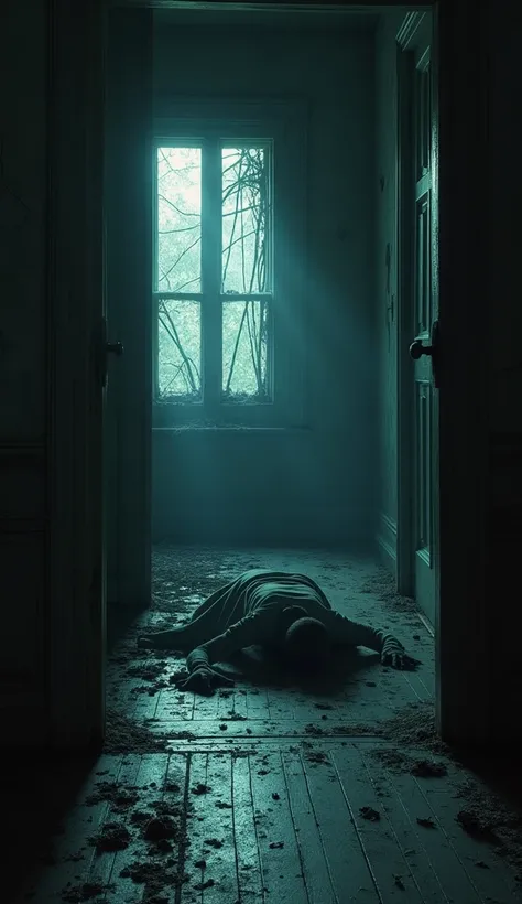 "A dimly lit, secretive room in an old mansion, with dusty furniture and cobwebs in the corners. The walls are cracked, and the floor creaks underfoot. In the center of the room, a lifeless body lies sprawled on the floor, surrounded by shadows. The body i...