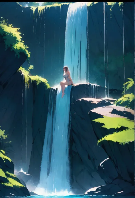 cute woman, showering in a waterfall, amazing butt, Katana leaning against cliff nearby (amazing workmanship), Lovely and deadly written across top of screen, show all of her
