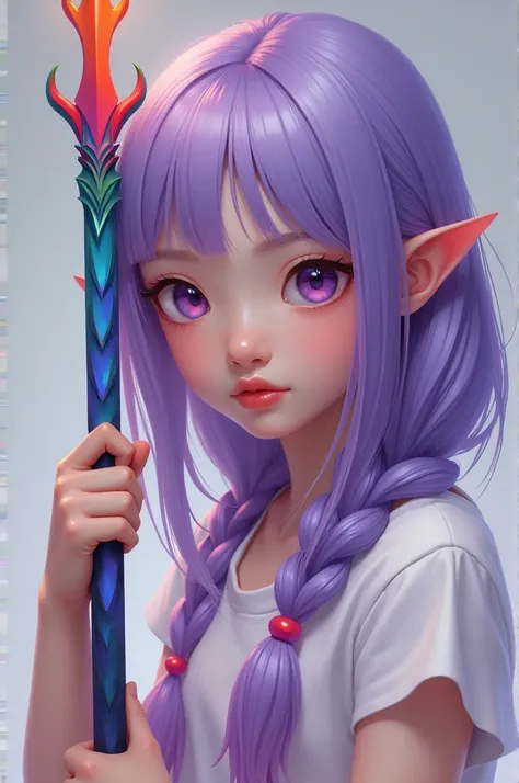  The head of a Korean girl in her middle class is light purple.
She is holding a brightly colored trident 
