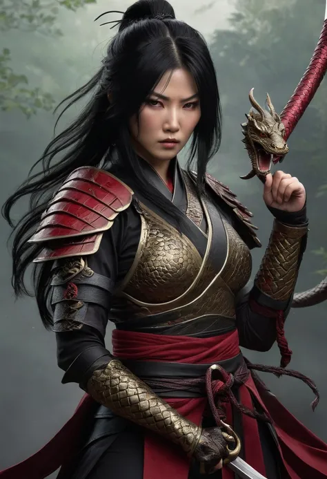 Elden ring, dark fantasy, asian warrior, katana, light armor, woman, black hair, serpent theme outfit, blasphemy, face hidden, dark red colors