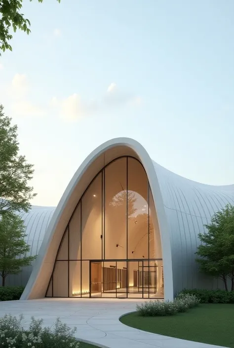  Facade modern evangelical church project ,  reminiscent of springs  , details with slight curves , 