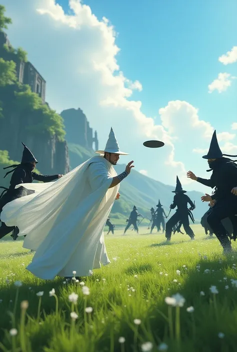 Give me an image showing an Ultimate Frisbee , Between the witches and wizards of the color white vs the hagakures ninjas of the color black