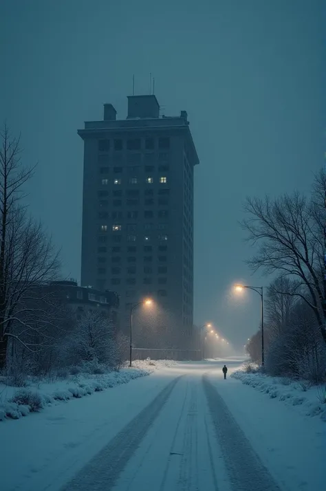  building in a Russian city, empty,  at night and snowing , good "Liminal "