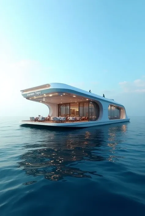 Create a chic and beautiful restaurant that is floating in the middle of the sea, The restaurant has the name Kaisen Fuyu written on the very realistic side