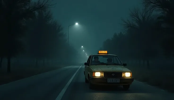 A dark, empty road at night with dense trees on both sides. The only light comes from the faint glow of a distant streetlamp. In the foreground, a dusty yellow taxi car with visible headlights is parked. The scene is quiet and eerie, with a slight mist han...