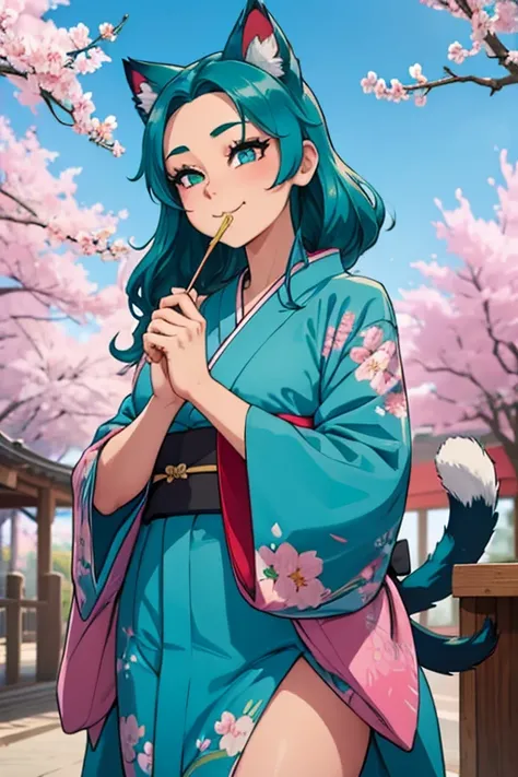 
Perfect face. Perfect hands. A teal haired woman with teal eyes and teal cat ears and a teal cat tail in a pretty kimono is smiling while eating a bento box in a flurry of cherry blossoms

