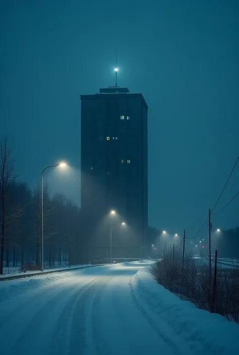  building in a Russian city, empty,  at night and snowing , good "Liminal "