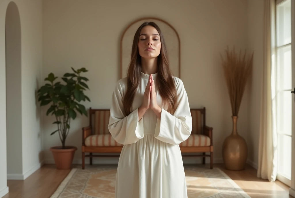 (candid photo:1.3), (photorealism), s praying at house inside a minimalistic latin home, sublime, prudent outfits, portrait, sfw, prude outfit, nigth, gratitude,