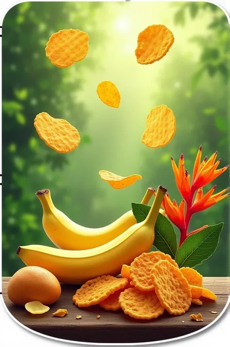 Its for a sticker on a pack of chips, so I need a background thats green, has chips of bananas, potatoes and chicharrones, and also that has a flower called Heliconia, which is from Putumayo that isnt too saturated with things because it has some letters t...