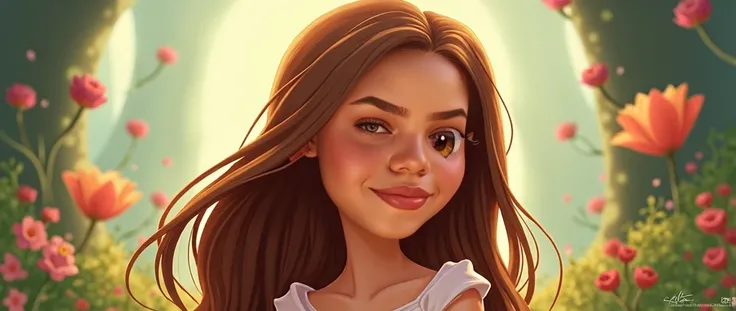 Create a Disney-style cartoon of a girl with long brown hair with honey-colored eyes