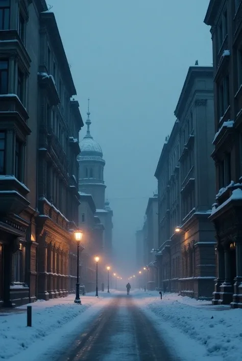 Buildings of a Russian city, empty,  at night and snowing , good "Liminal "