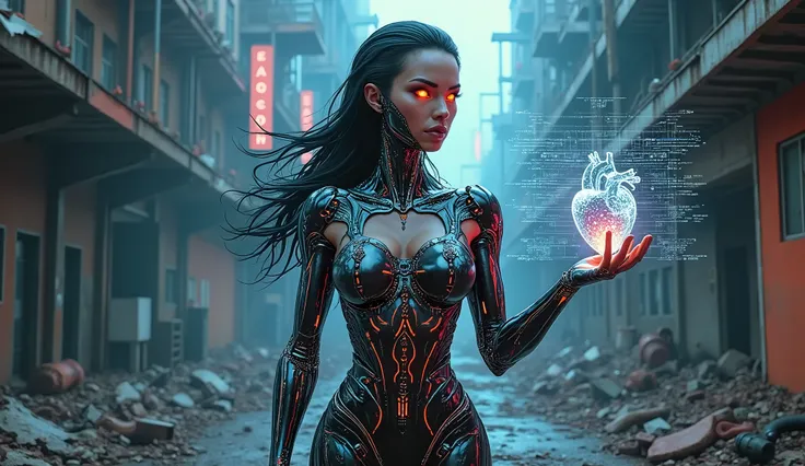 

Create a powerful female figure representing AI im a comic book style, combining both allure and menace. Her metallic skin should feature glowing circuit patterns, with eyes that are unnervingly synthetic and glowing. She has an unnerving yet seductive p...