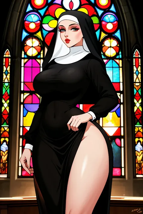 A warrior nun in black, white and red, tall and slender hourglass figure, large full and firm breasts, long slim and slender waist, large wide hips, large full and firm buttocks, thick thighs, makeup, glossy lips, large full lips, (natural lighting), insid...