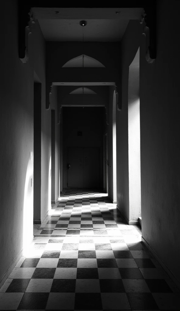 "Interior black and white photograph showcasing an empty, minimalist hallway with a checkered floor. The interplay of light and shadow casts geometric shapes, creating an angular composition that emphasizes contrast and depth. This high-contrast, film noir...