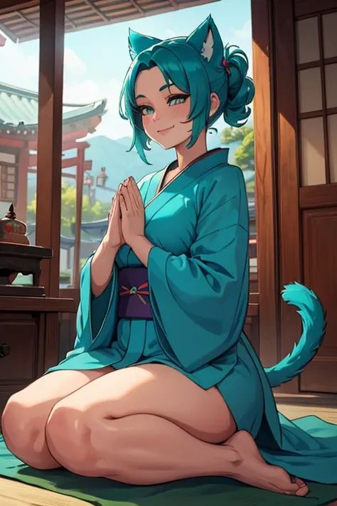 Perfect face. Perfect hands. A teal haired woman with teal eyes and teal cat ears and a teal cat tail in a pretty kimono is smiling while praying in the shrine