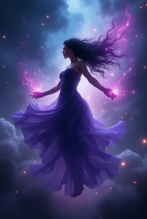 Background of stars ,  cosmos and stars ,  magical woman with intense black and violet hair,  radiating magic and illuminating 