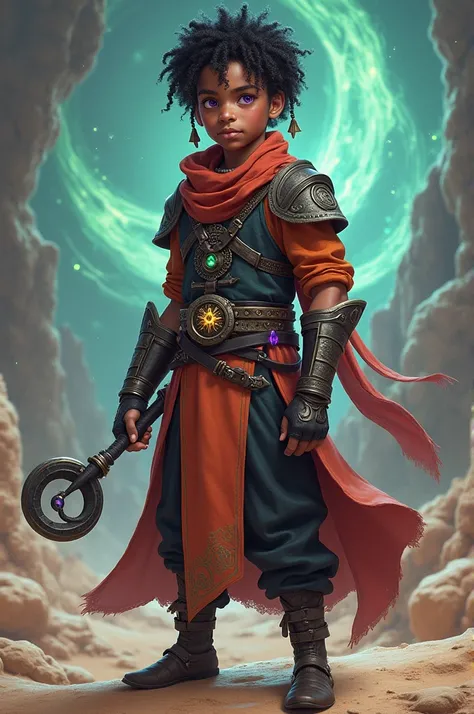 "A young apprentice mage named Khaalem stands confidently, with medium brown skin in a warm tone, and striking violet eyes with vertical, serpent-like pupils and starry specks. He has curly black hair with small braids in shades of purple and deep blue, de...