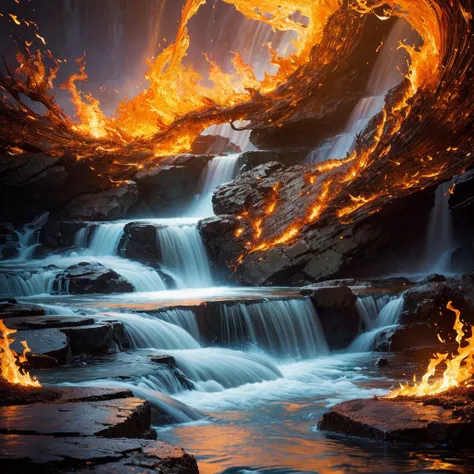 Create a hyper-realistic, ultra-detailed image that embodies a surreal and symbolic scene where imagination knows no bounds.
---

Central Focus:

Open Bible with Fiery Water Flowing Out:

At the heart of the image lies a beautifully crafted, open Bible. Th...