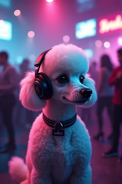 A French Poodle dog with headphones in a nightclub 