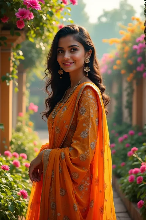 Imagine Here is the image of the 20-year-old Pakistani woman standing in front of a vibrant garden. Let me know if youd like any adjustments!