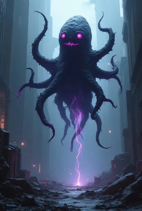 "Create an image of a Gravity Leech, a terrifying parasitic creature that manipulates gravity to feed on energy. It appears as an amorphous, shifting mass of dark energy with tendrils extending outward, glowing with purple and black hues. The creature floa...