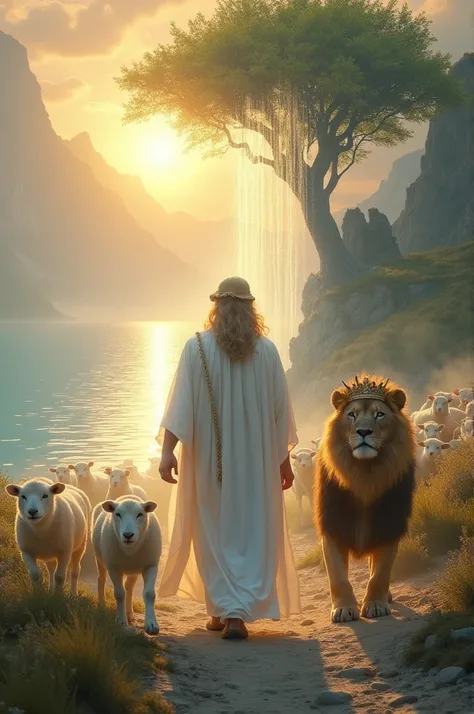 God in white garments walked with a sheep above the sea as a mirror and behind a shimmering sunrise and a leafy tree of life that flows water that simulates that water is coming out through him and a lion wearing the crown of a great majestic king