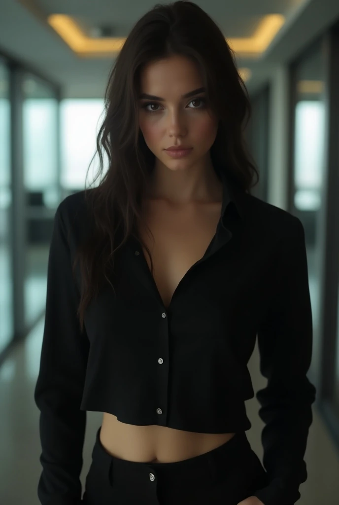 Office girl without a bra wearing a wet black shirt