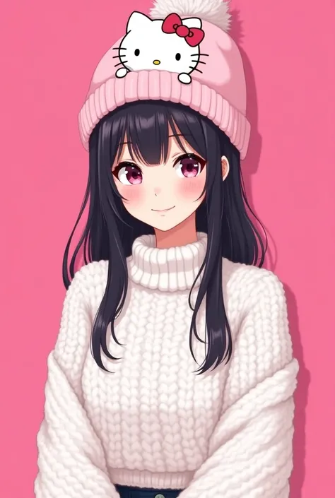 
"An anime girl with sleek black hair, featuring subtle pink streaks throughout. She wears a Hello Kitty beanie perched on her head. Her outfit is a soft, white, knitted sweater that’s fluffy and textured, giving off a cozy, fashionable vibe. The backgroun...