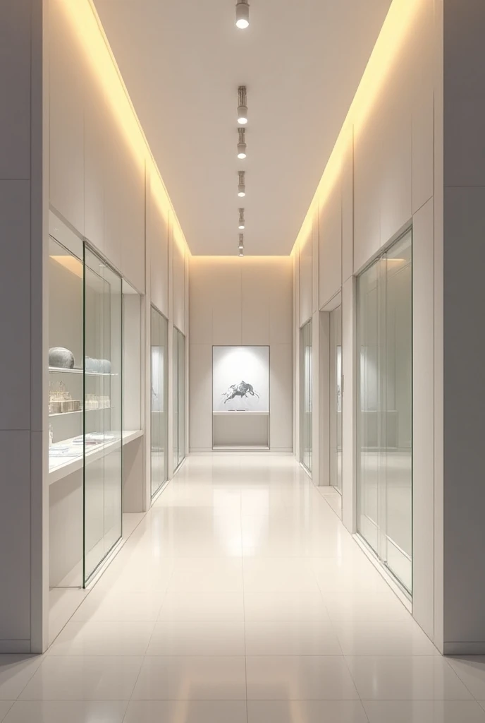 a corridor in a shopping mall where the walls of the display cases are 70 centimeters high and from there the glass of the cabinets comes out