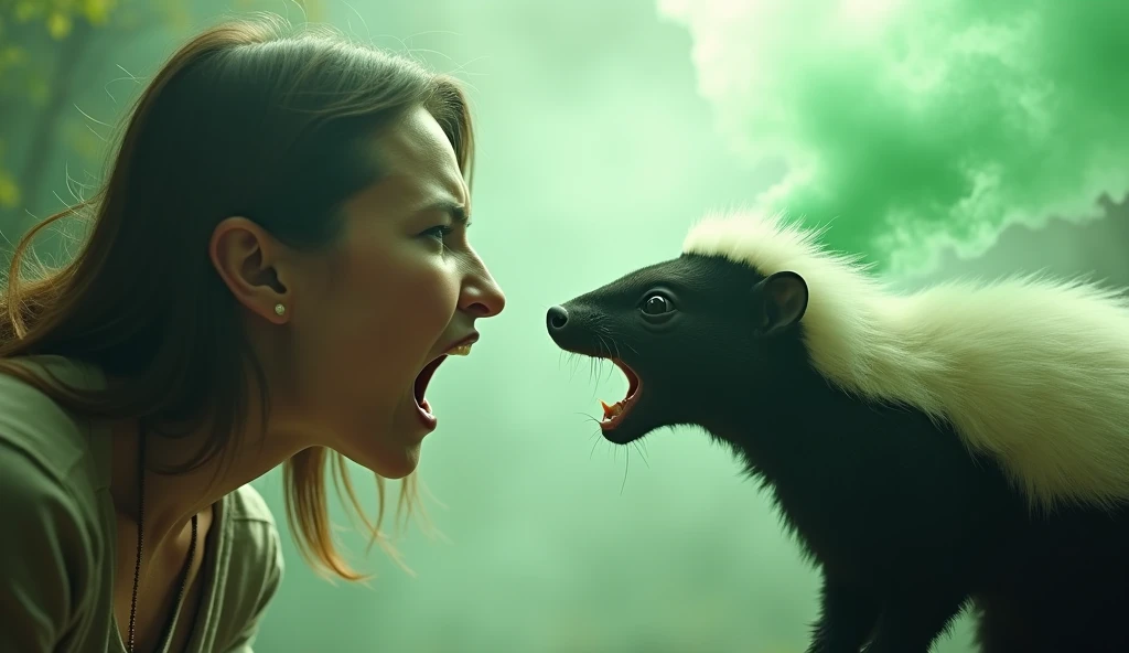 ((masterpiece)) ((photography)) ((Highest quality)) A high-contrast image with a light background and a subtle green gas cloud in the air. A close-up scene of a woman facing a skunk. Both are screaming with intense expressions: the woman, looking disgusted...