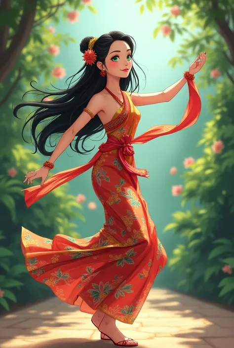 Anime girl with Thai Thai clothes she dance she has black hair green eyes